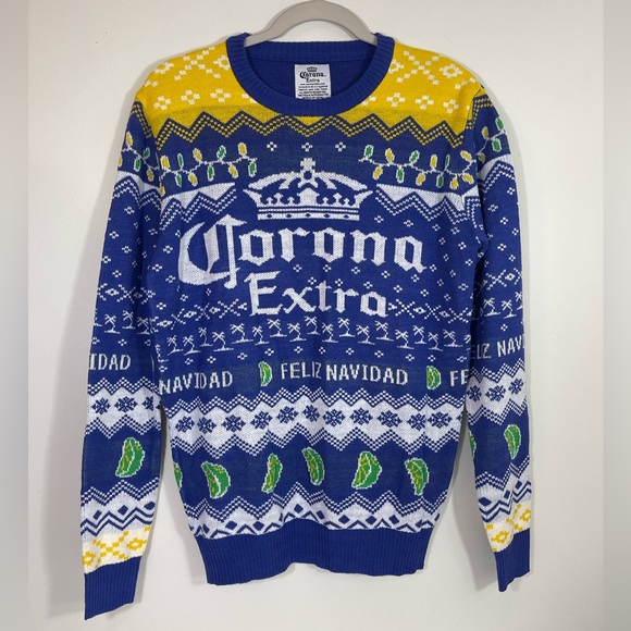 Corona Extra Feliz Navidad Blue Yellow Christmas Holiday Crewneck Sweater Size S - Picture 2 of 10